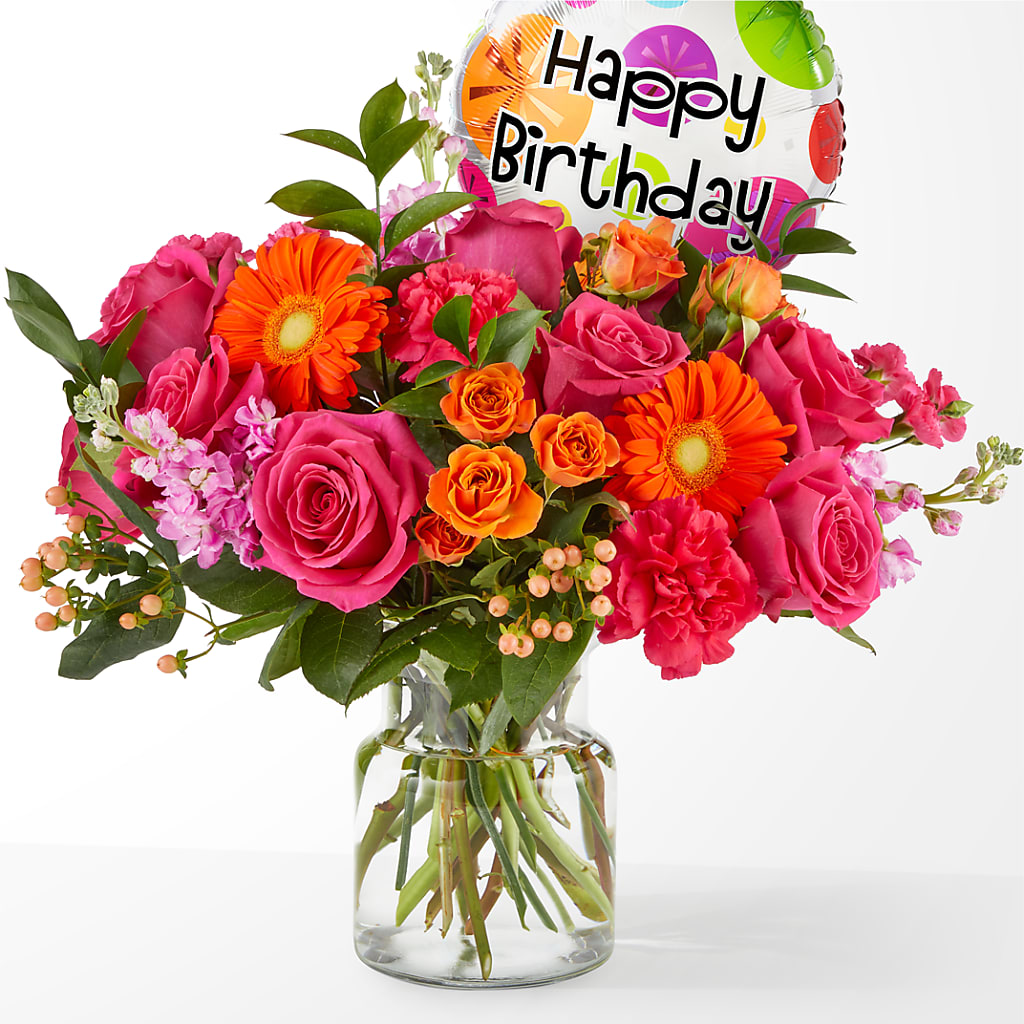 Fiesta Bouquet with Birthday Balloon – Blossom Shop, Conroe TX