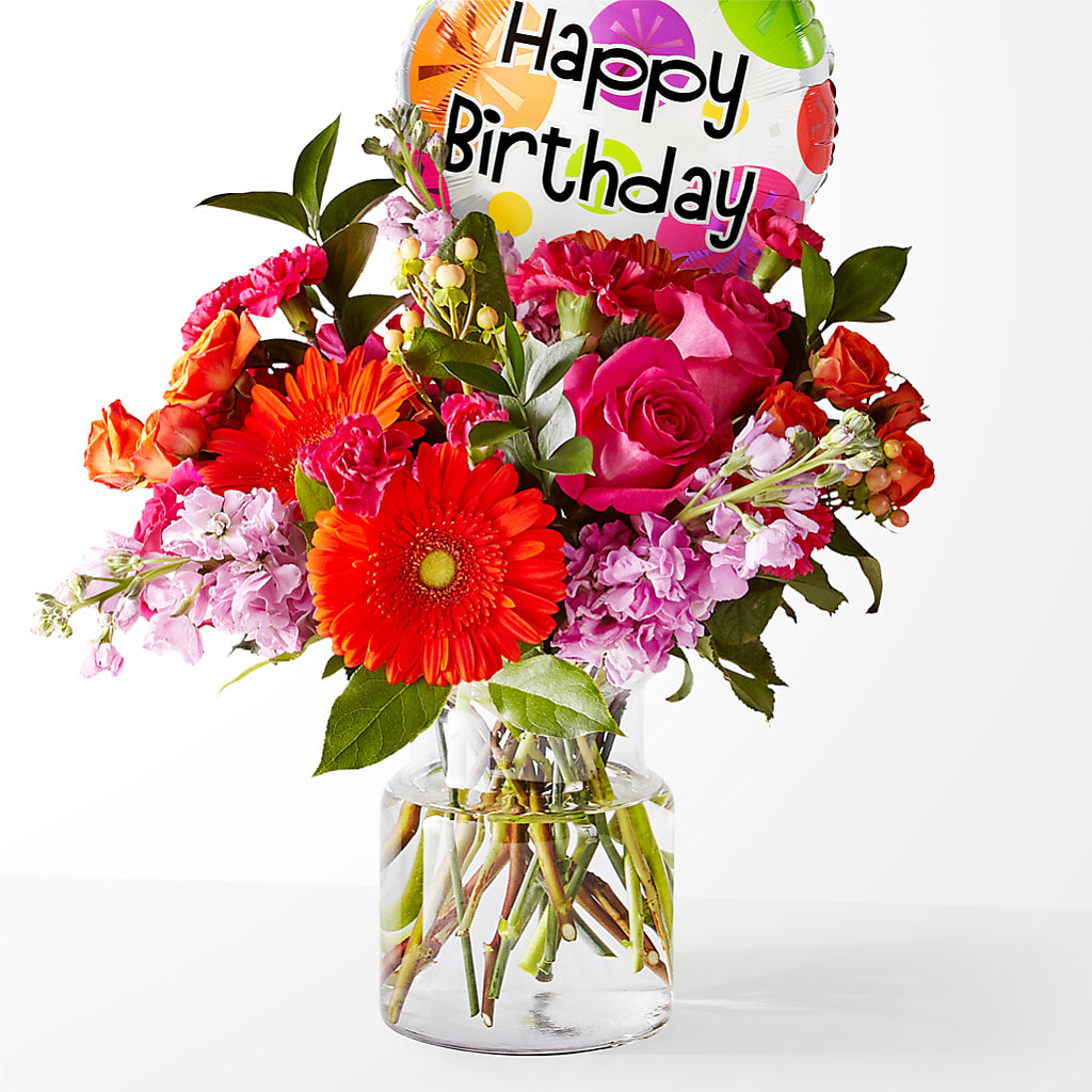 Fiesta Bouquet with Birthday Balloon – Blossom Shop, Conroe TX