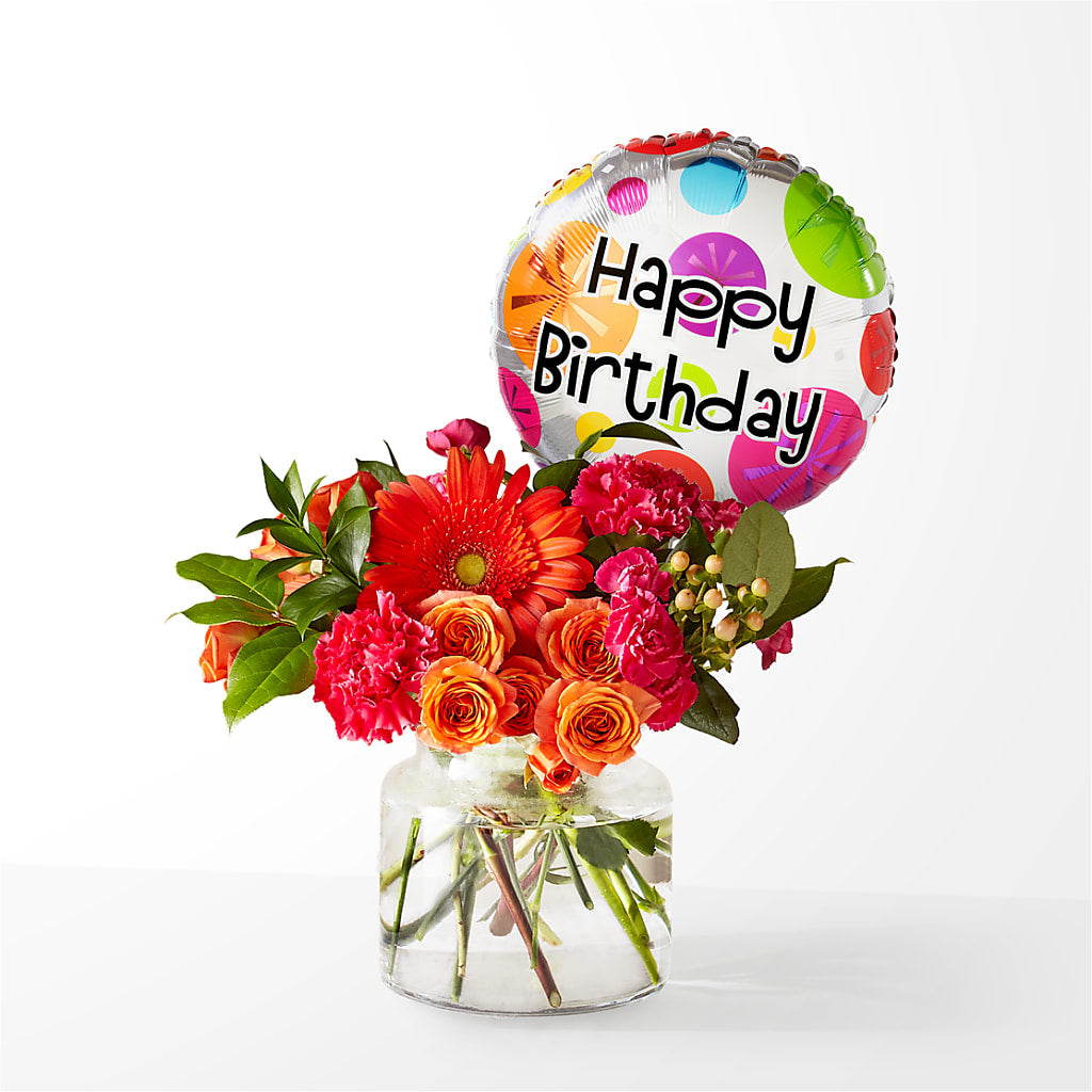 Fiesta Bouquet with Birthday Balloon – Blossom Shop, Conroe TX