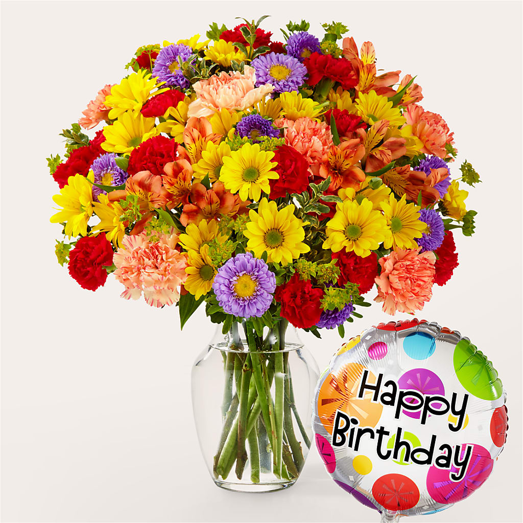 Kaleidoscope Bouquet with Birthday Balloon – Blossom Shop, Conroe TX