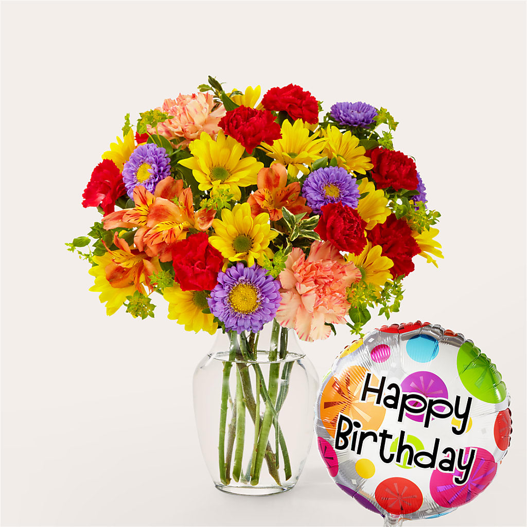 Kaleidoscope Bouquet with Birthday Balloon – Blossom Shop, Conroe TX