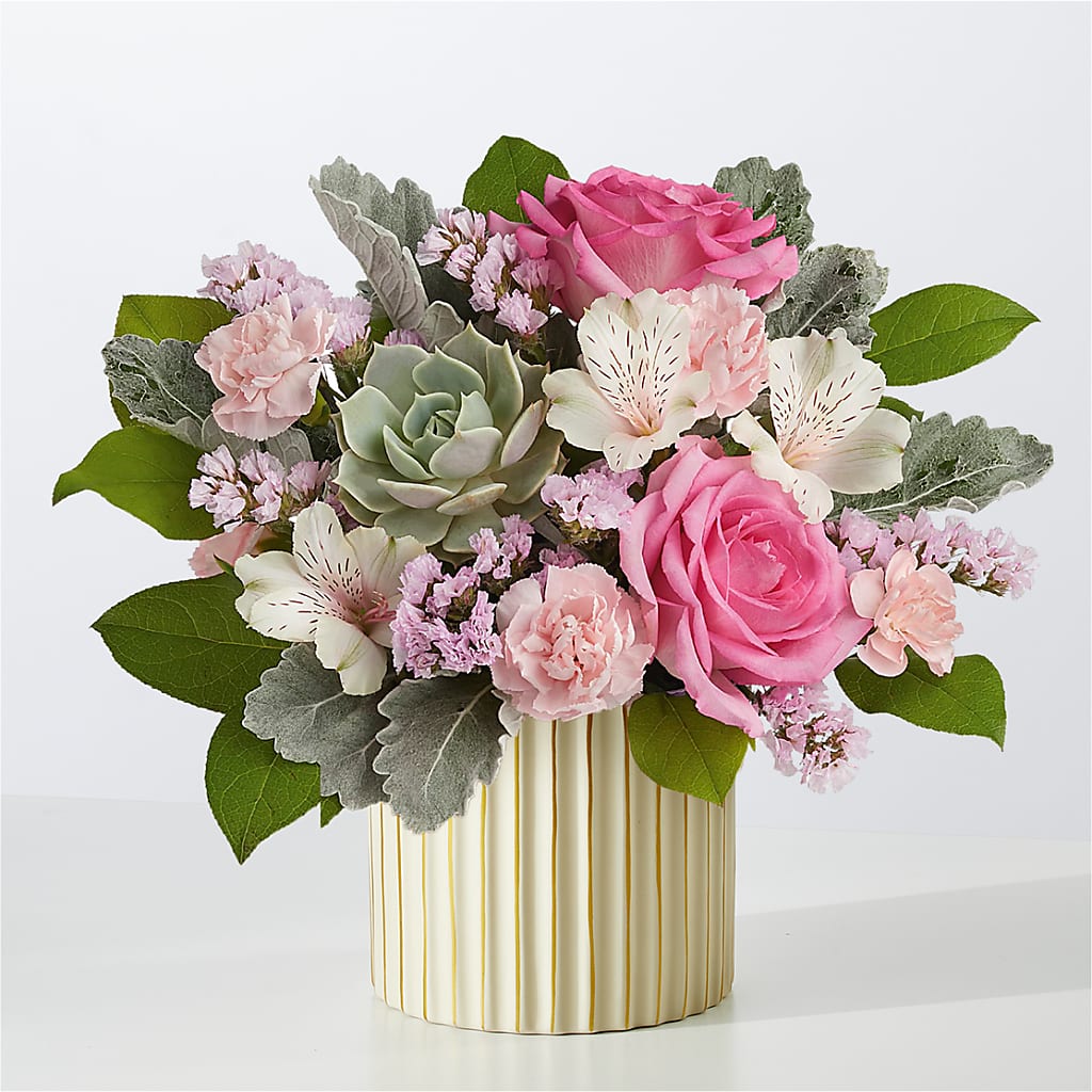 Dusty Rose Bouquet with Ivory Vase – Blossom Shop, Conroe TX