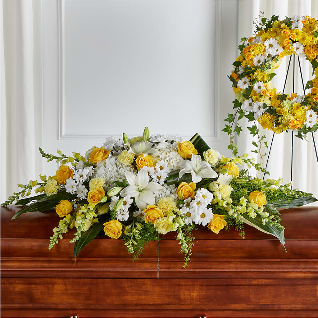 Golden Harmony Casket Spray – Blossom Shop, Conroe TX