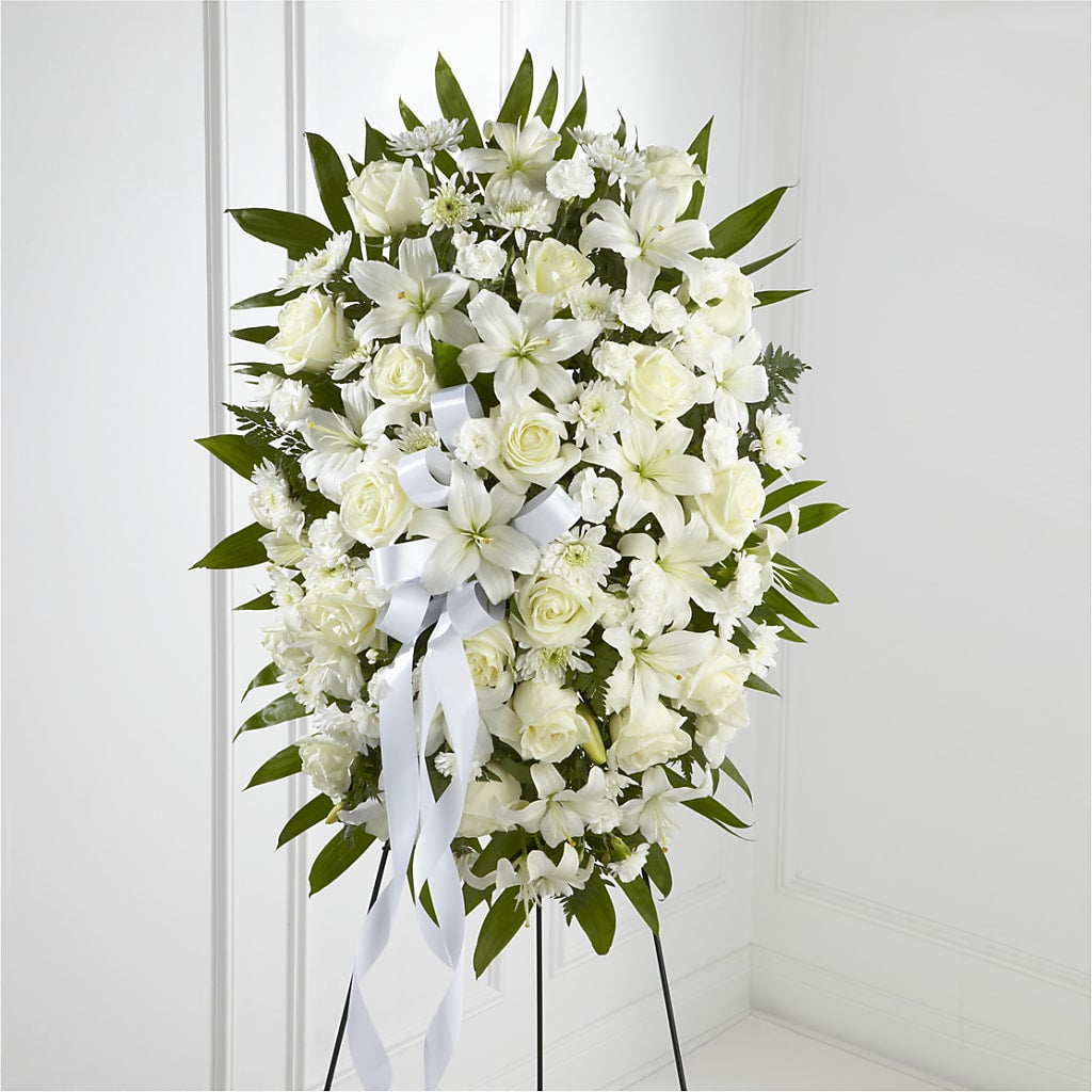 Exquisite Tribute Standing Spray-White Ribbon – Blossom Shop, Conroe TX