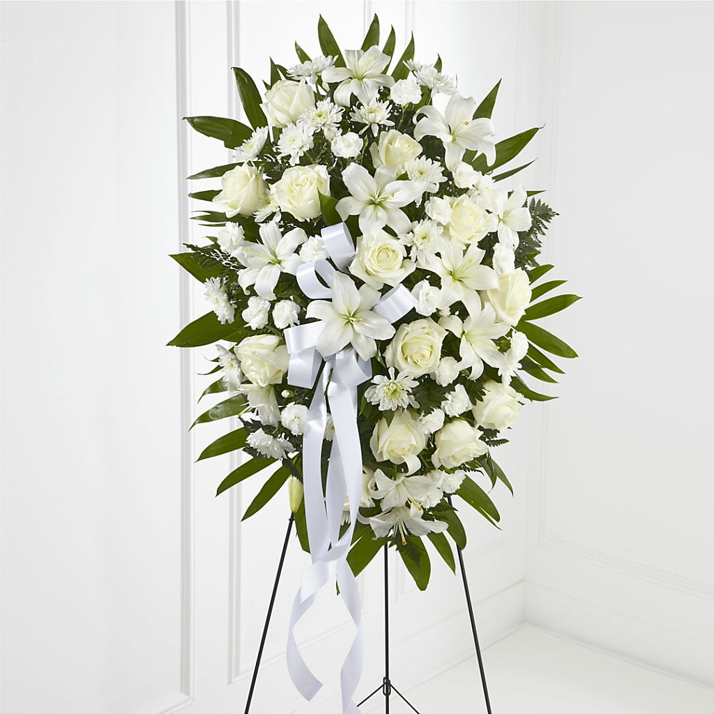 Exquisite Tribute Standing Spray-White Ribbon – Blossom Shop, Conroe TX